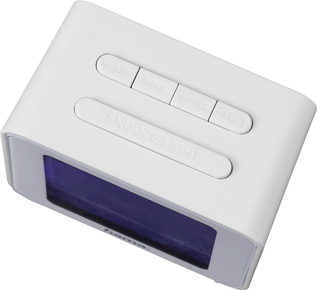 Cyfrowy budzik z prostokątnym wyświetlaczem, otoczony białymi przyciskami, w tym 'Alarm', 'Tryb', '+Godz/CC' i 'Drzemka/Podświetlenie'.