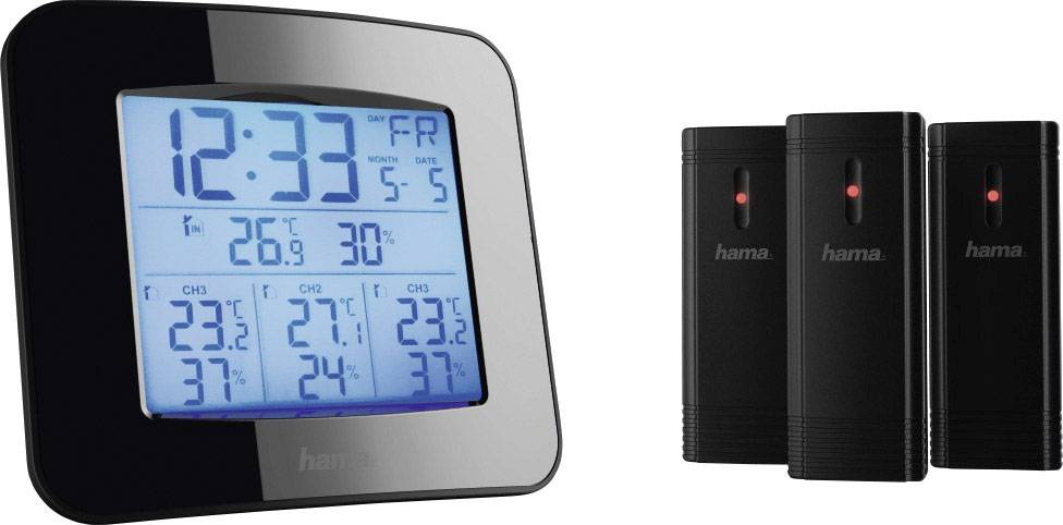 Cyfrowy termometr z dużym wyświetlaczem pokazuje godzinę, datę i trzy kanały temperatury z czujników. Obok znajdują się trzy czarne czujniki.