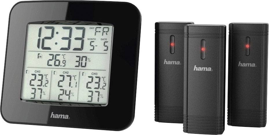 Cyfrowy termometr z trzema zewnętrznymi czujnikami wyświetla czas, datę, temperaturę i wilgotność powietrza na dużym wyświetlaczu.