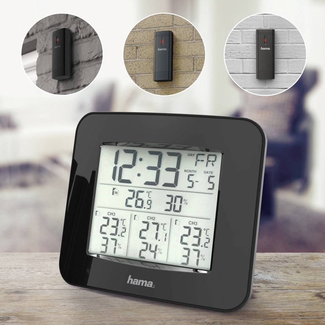 Cyfrowa stacja pogodowa z dużym wyświetlaczem pokazuje czas, datę i temperatury wewnętrzne. Trzech czujników zewnętrznych do pomiaru temperatury na外trzu.