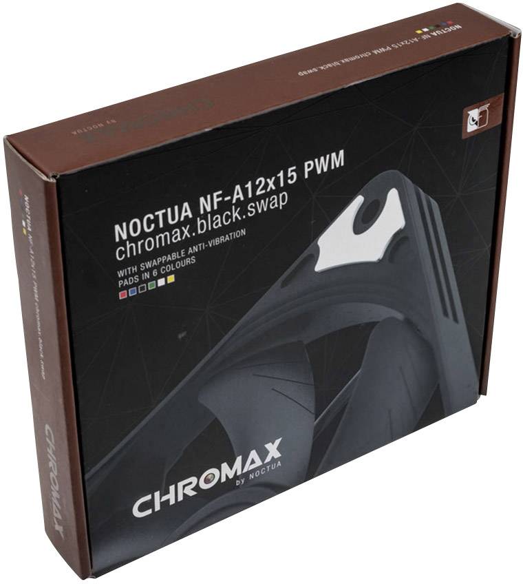 Opakowanie wentylatora Noctua NF-A12x15 PWM, model chromax.black.swap, z wymiennymi podkładkami antywibracyjnymi w różnych kolorach.