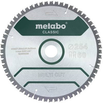 Piła tarczowa wielozachodowa Metabo Classic o średnicy 254 mm i 60 zębach, pokazana w widoku z przodu z oznaczeniami produktu.