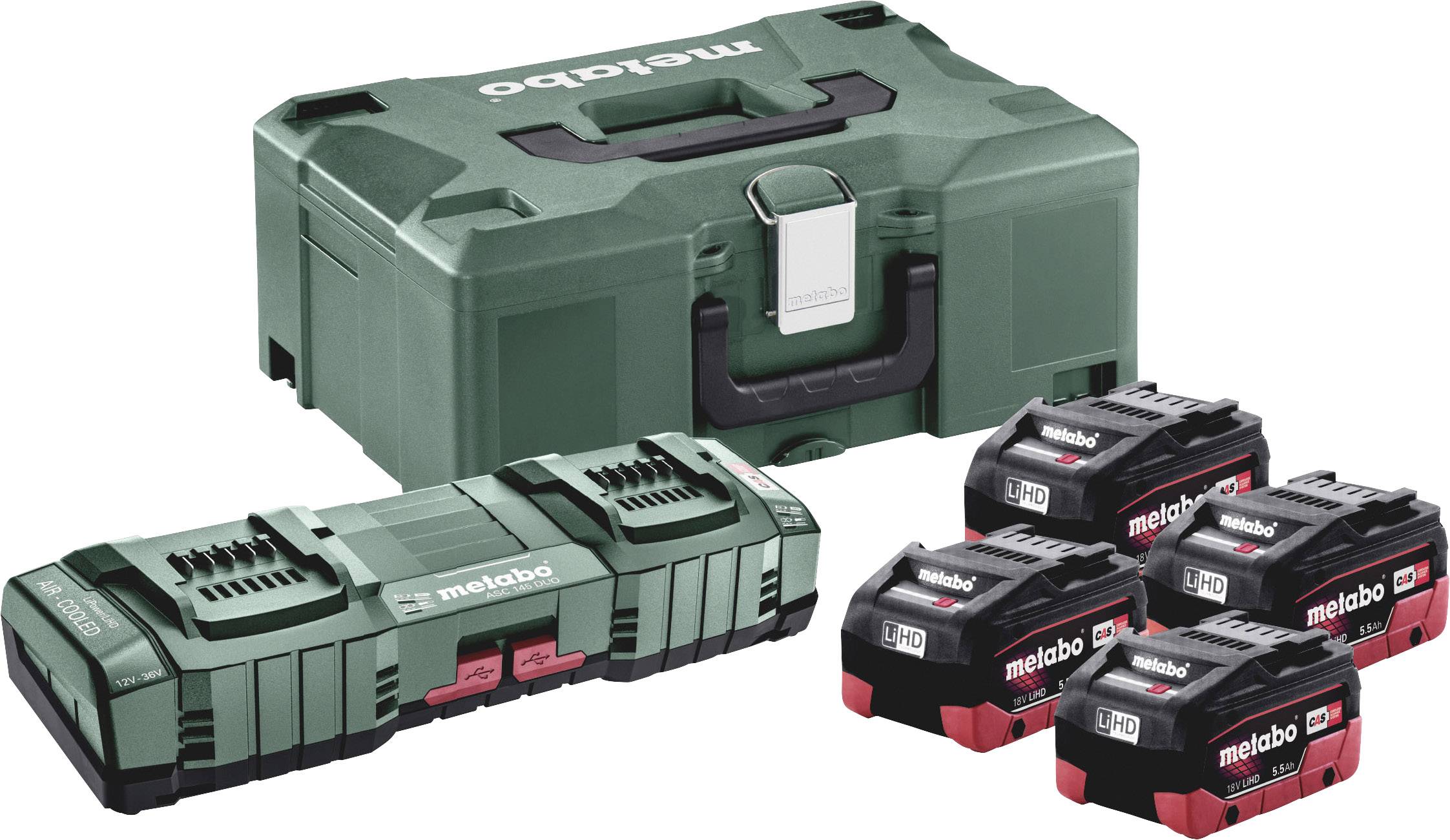 Metabo Basic-Set 4x LiHD 5.5Ah ASC 145 DUO Ładowarka do akumulatorów 685180000 zaw. 4 akumulatory, zaw. walizkę