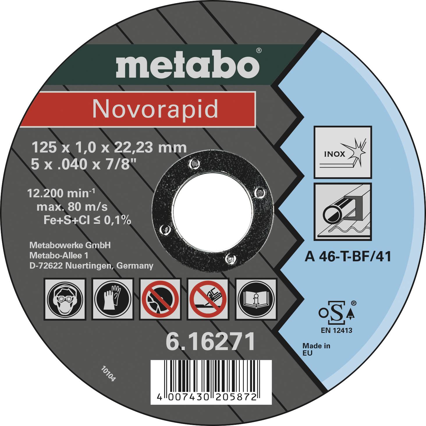 Tarcza do obróbki metalu, Metabo Novorapid, 125x1,0x22,23 mm, prędkość obrotowa do 12.200 min-1, maks. prędkość 80 m/s, Wyprodukowano w UE.