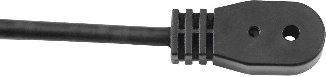 Czarny czujnik temperatury z płaską plastikową obudową i dwoma otworami, połączony przewodem.