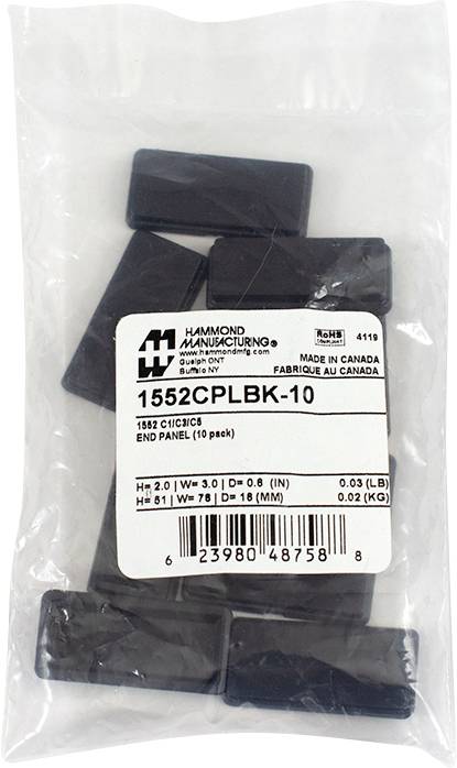 Przezroczysta torebka zawierająca dziesięć czarnych zaślepek marki Hammond, numer produktu 1552CPLBK-10, wyprodukowanych w Kanadzie.