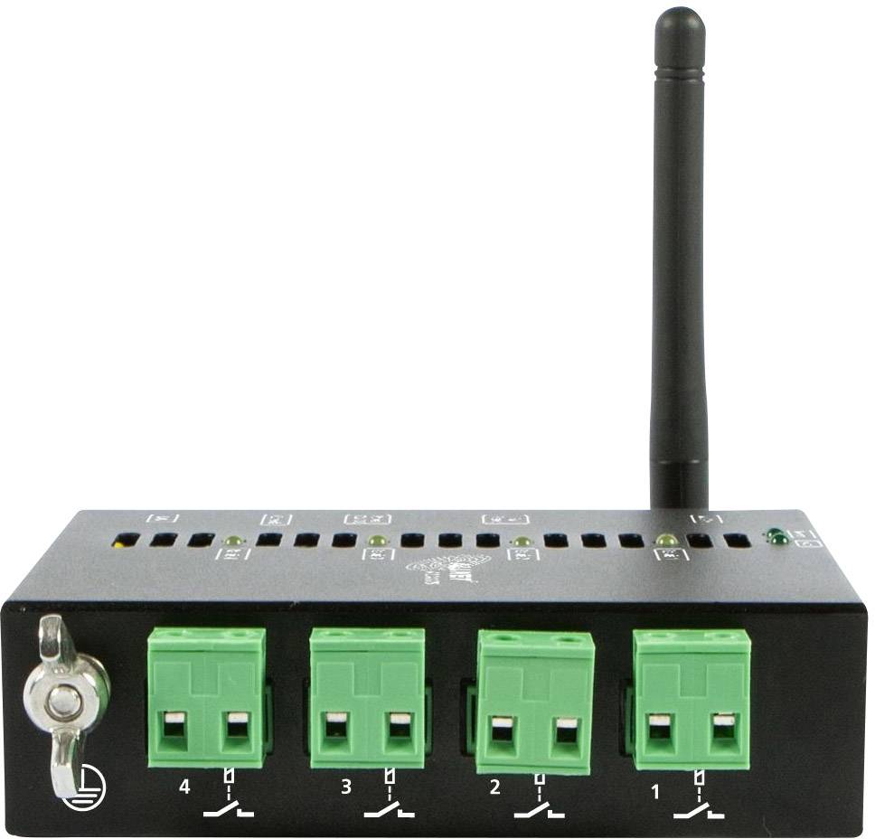 Czarny elektroniczny kontroler z czterema zielonymi złączami i pionową anteną, prawdopodobnie do połączeń sieciowych.