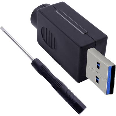 Czarny wtyk USB z niebieskimi stykami obok małego czarnego śrubokręta.