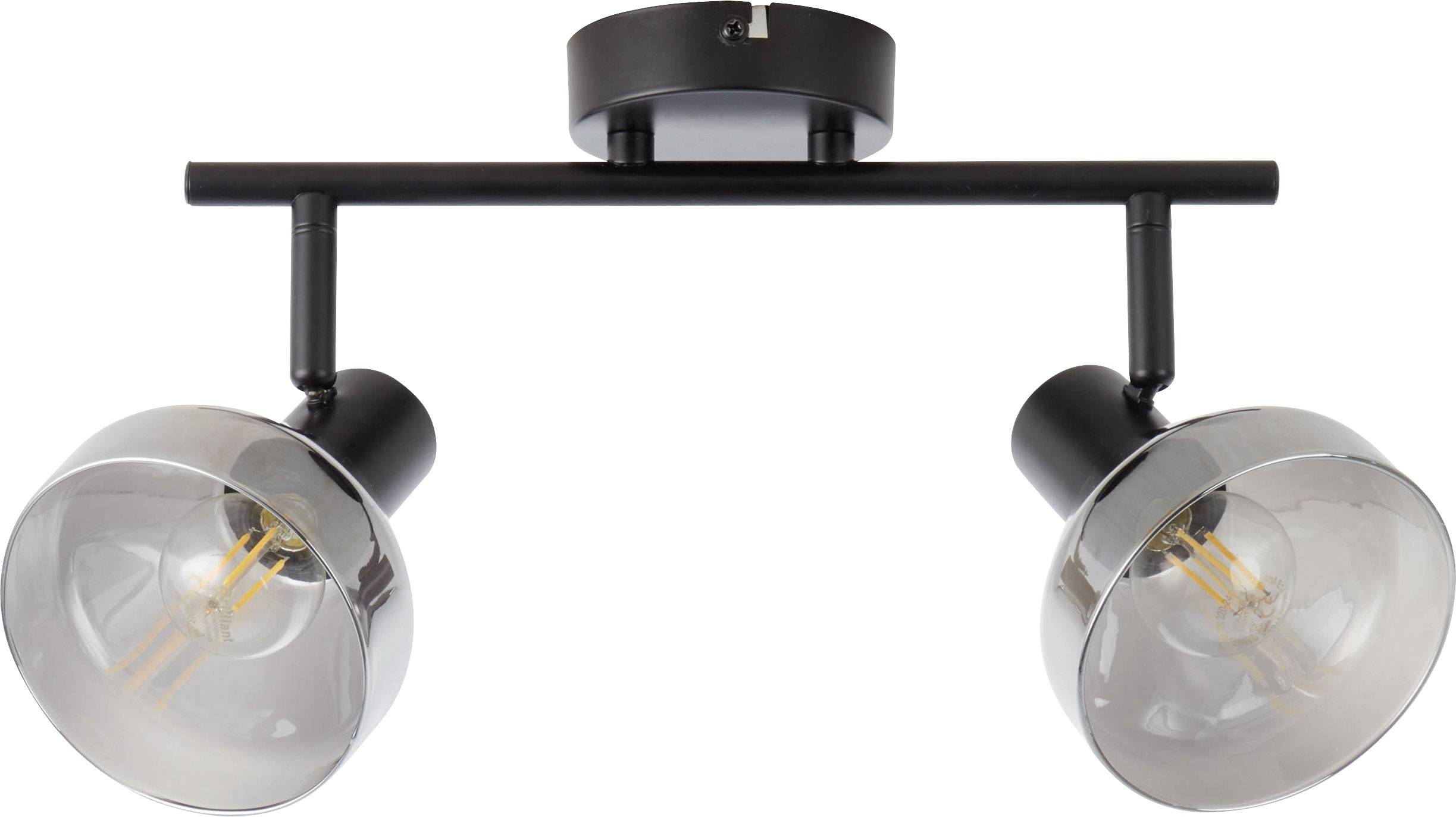 Czarna lampa sufitowa z dwoma regulowanymi kloszami szklanymi. Idealna do nowoczesnych wnętrz mieszkalnych.