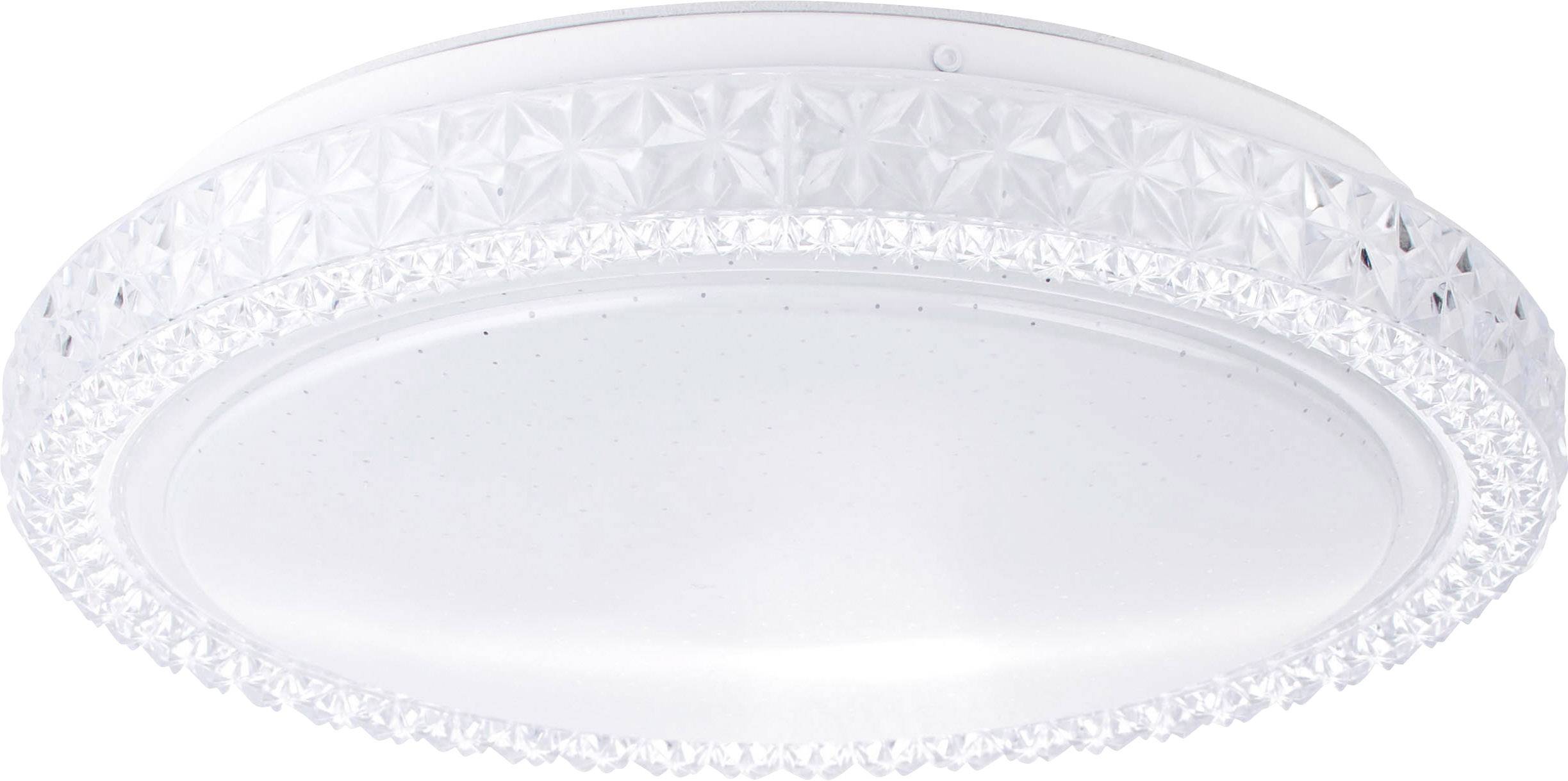 Okrągła, dekoracyjna lampa sufitowa z kryształopodobną krawędzią. Głównie biała, z subtelnym efektem połysku.