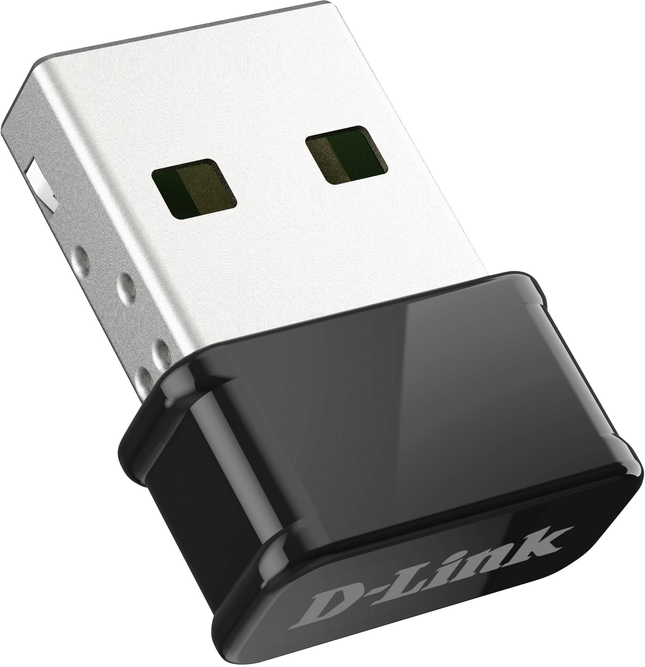 Adapter USB Wi-Fi firmy D-Link w kolorze czarnym i srebrnym do bezprzewodowego dostępu do sieci.