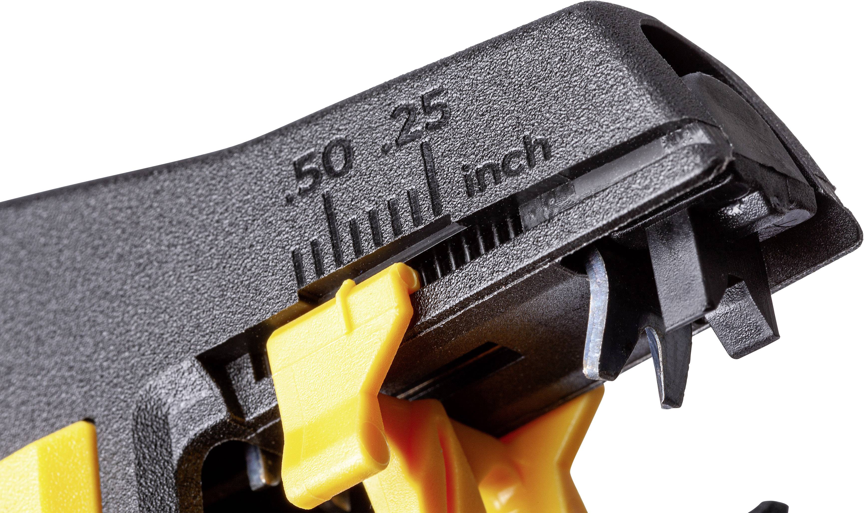 Zbliżenie narzędzia z żółtą i czarną częścią, przedstawiające skalę w calach od 0 do 0,50 do precyzyjnego pomiaru.