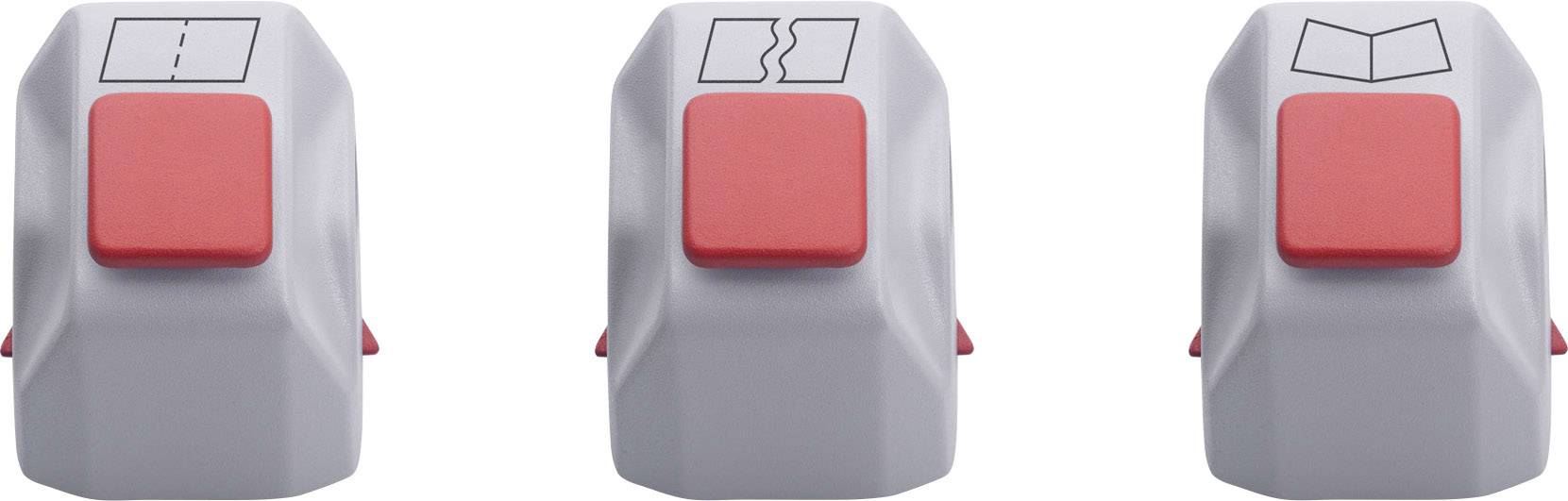 Trzy szare przyciski z czerwonymi guzkami, każdy z innym symbolem: linia, linia składania, złożony papier. Symbole wskazują funkcje.