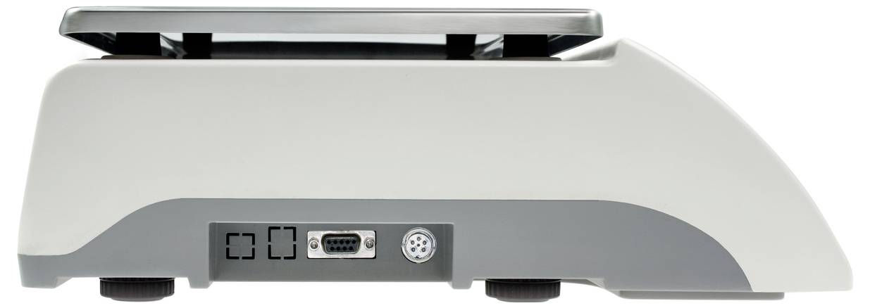 Cyfrowa waga widziana z boku, przedstawiająca złącza do podłączenia z tyłu urządzenia.