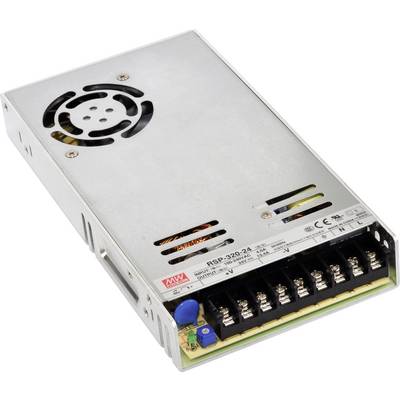 Srebrny zasilacz z wentylatorem i czarnymi złączami, przeznaczony do stosowania w urządzeniach elektronicznych. Numer modelu: RSP-320-24.