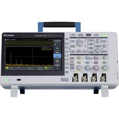 Cyfrowy oscyloskop z wyświetlaczem kształtu fali i różnymi elementami sterującymi po prawej stronie. Model: Tektronix TBS 2000B.