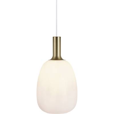 Nowoczesna lampa wisząca z gładką, białą szklaną kulą oraz złotą metalową podstawą, zawieszona na białym sznurze.