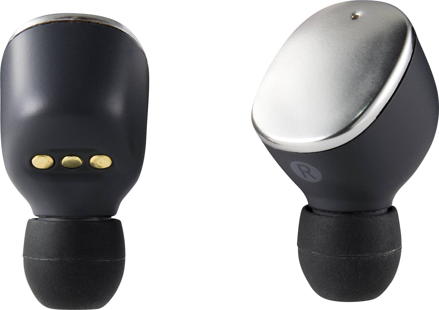 Bezprzewodowe czarne słuchawki douszne w zbliżeniu. Po lewej: widoczne styki ładowania. Po prawej: gładka srebrna górna powierzchnia.