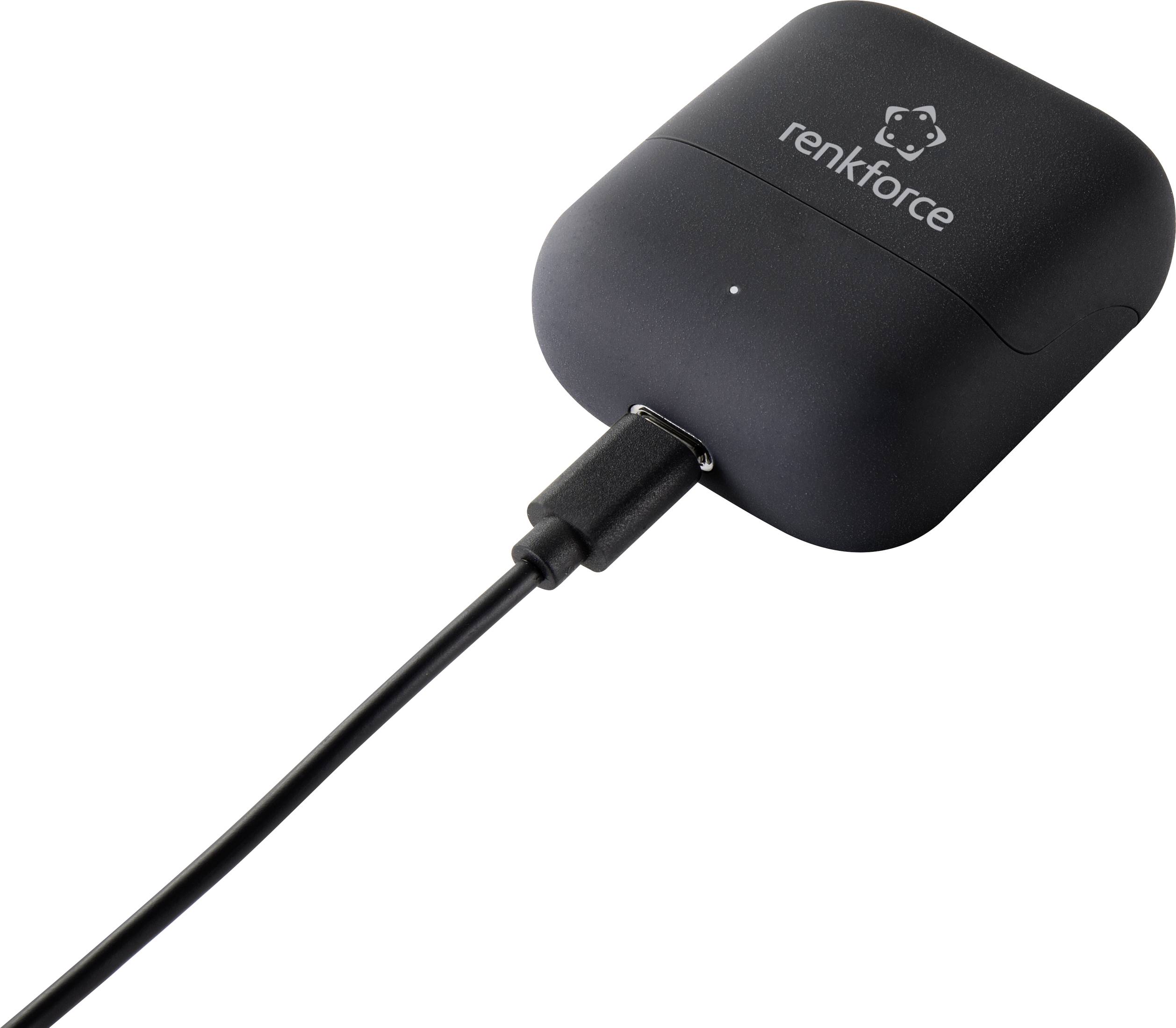 Czarne etui ładujące z logo 'renkforce' na wierzchu, połączone z kablem ładującym.