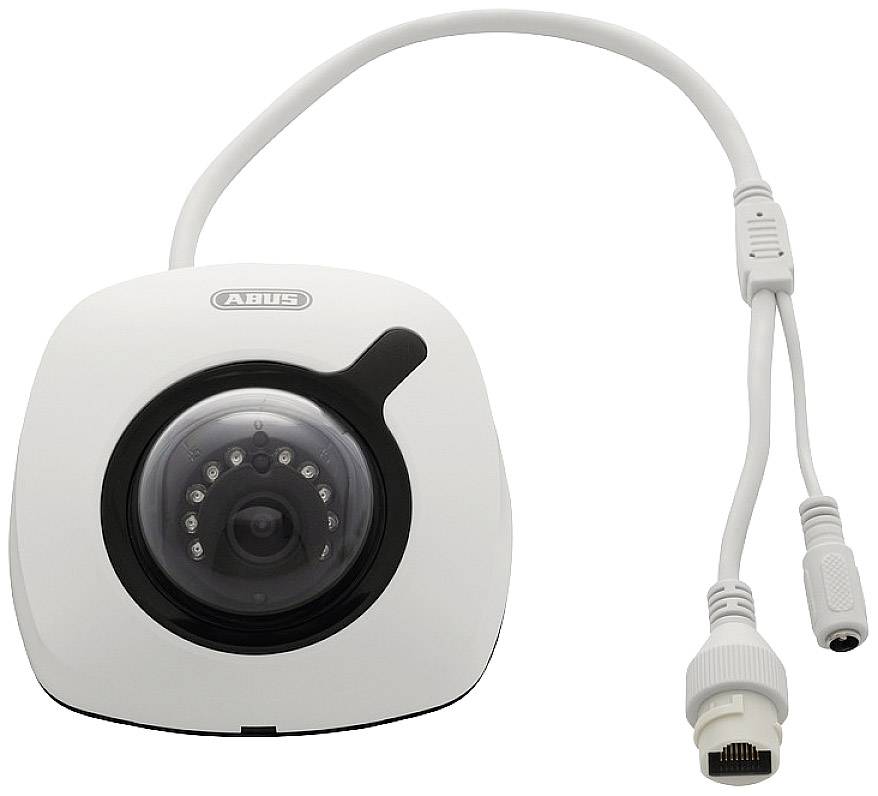 Biała kamera monitoringu z okrągłą soczewką i pierścieniem LED, zamontowana na kwadratowym uchwycie. Kabel z dwoma złączami.