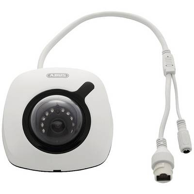 Biała kamera monitoringu z okrągłą soczewką i pierścieniem LED, zamontowana na kwadratowym uchwycie. Kabel z dwoma złączami.