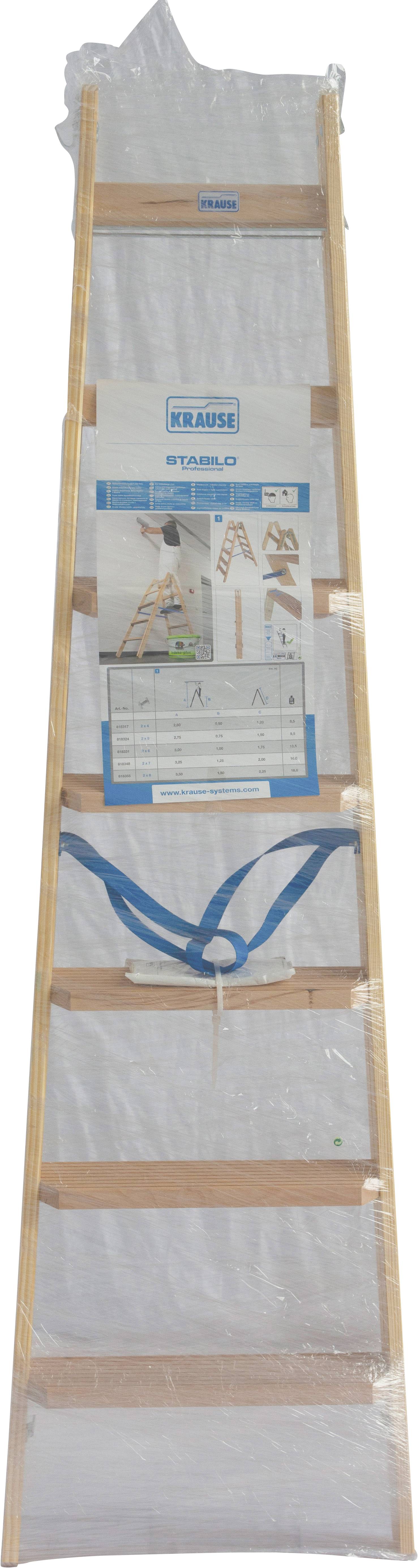 Zapakowana drewniana drabina przystawna do użytku wewnętrznego, z etykietą przedstawiającą markę i model. Odpowiednia do lekkich prac domowych.