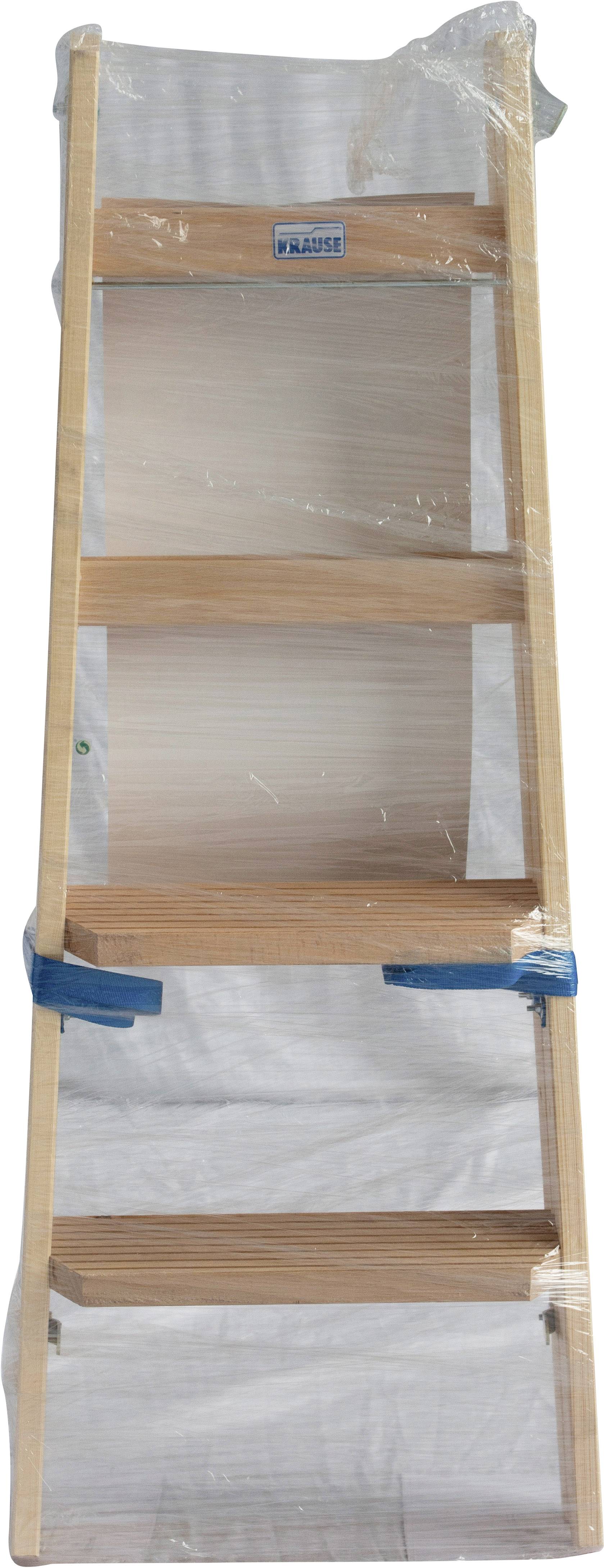 'Drewniana drabina składana z czterema stopniami, zapakowana w folię ochronną.'