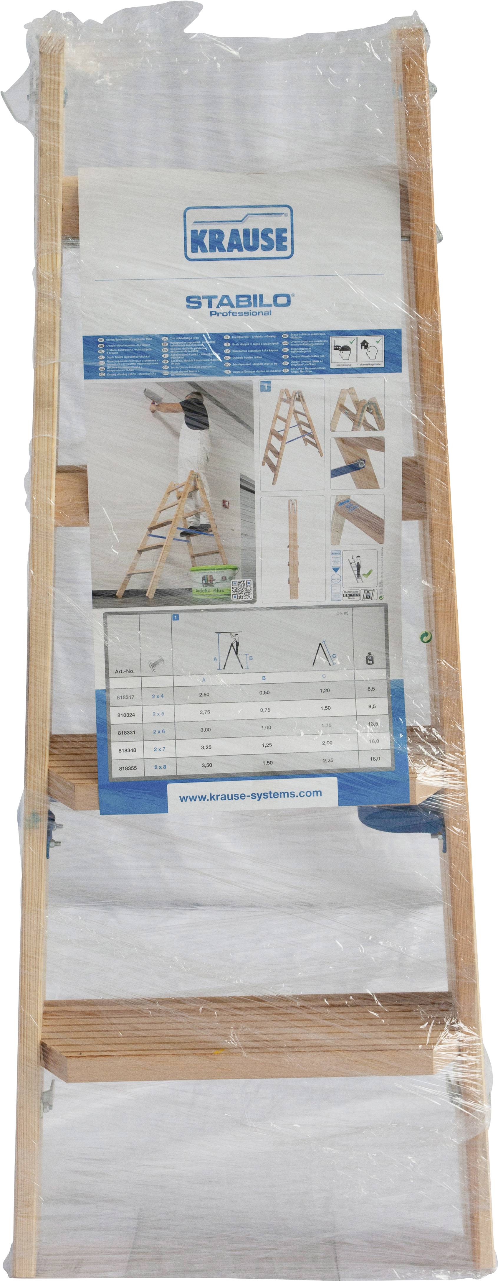 Drabina drewniana Krause, model 'Stabilo', w opakowaniu. Prezentuje przykłady zastosowań do prac wewnętrznych wraz ze szczegółami technicznymi.
