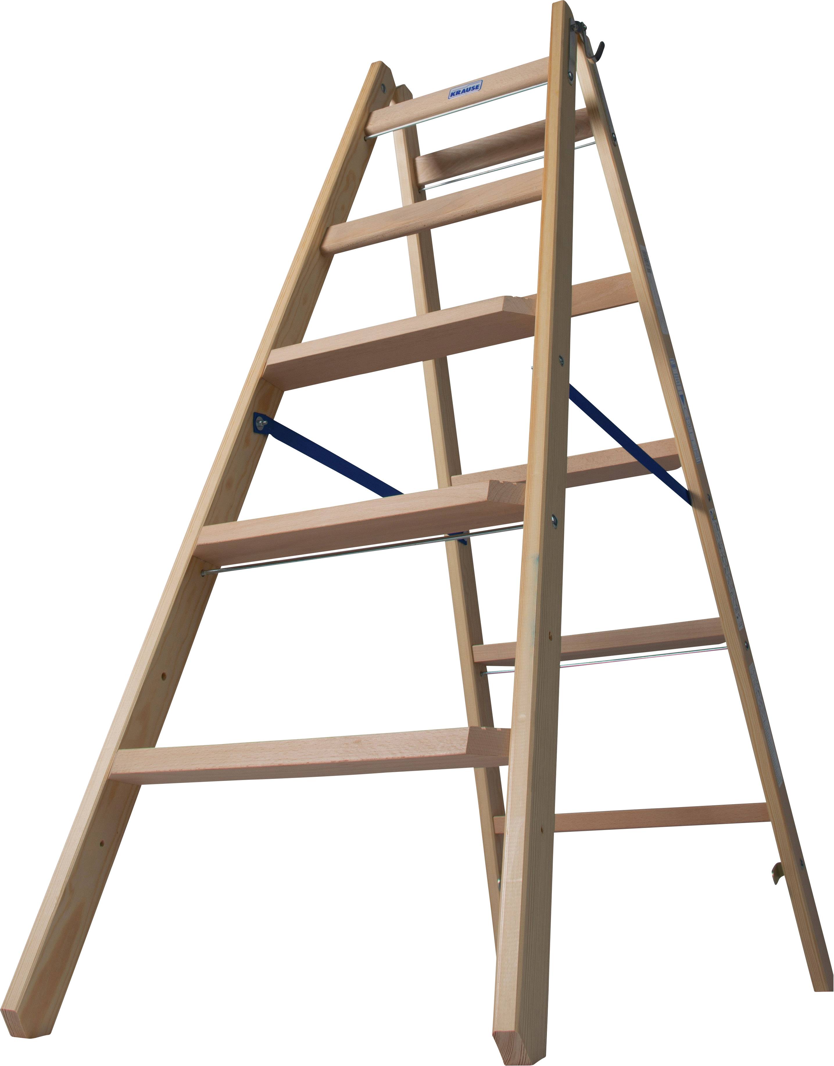 Drewniana drabina o sześciu stopniach jest rozłożona. Jest stabilna i nadaje się do osiągania wyższych obszarów wewnątrz pomieszczeń.