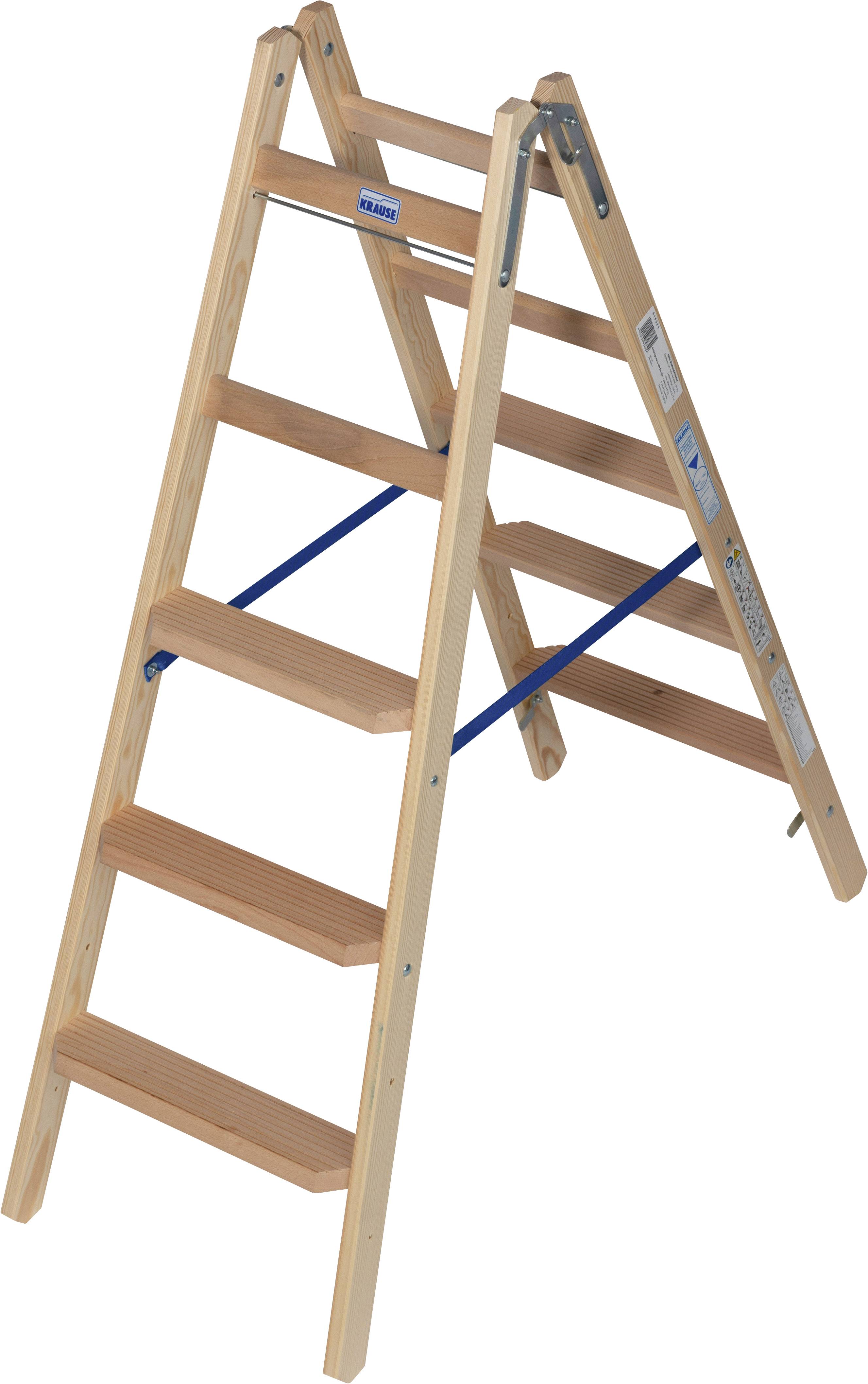 Drewniana drabina z pięcioma szczeblami, stabilnie oparta po jednej stronie. Idealna do prac rzemieślniczych wewnątrz pomieszczeń.