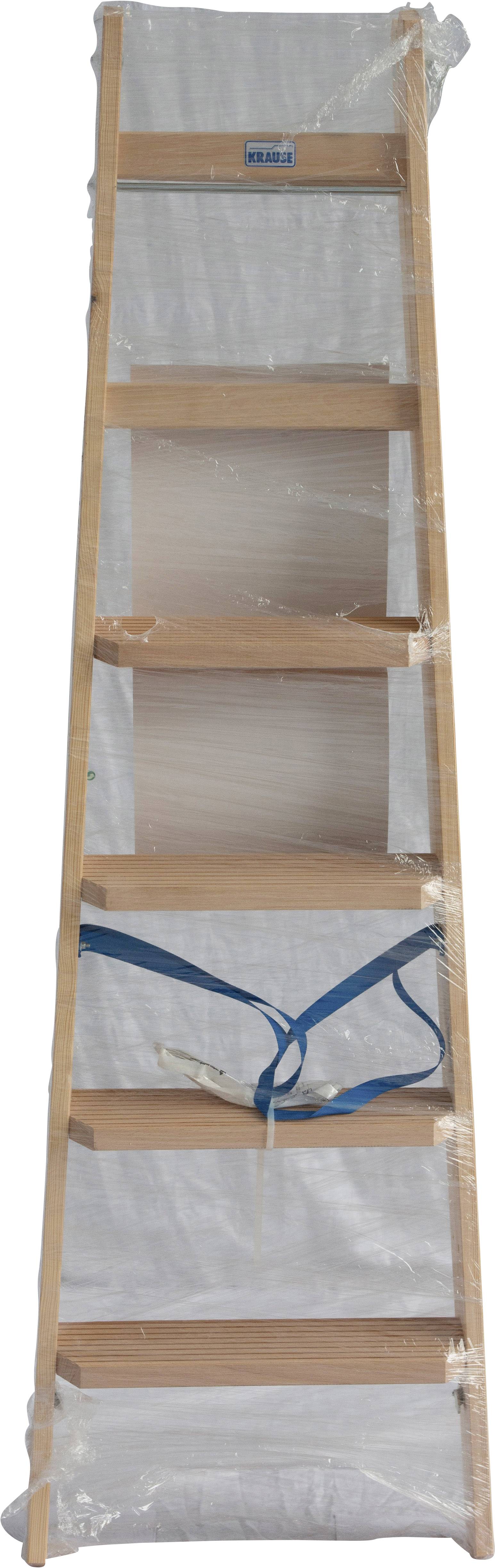 Drewniana drabina zapakowana w plastik, z sześcioma szczeblami. Na górze widoczna jest niebieska etykieta.