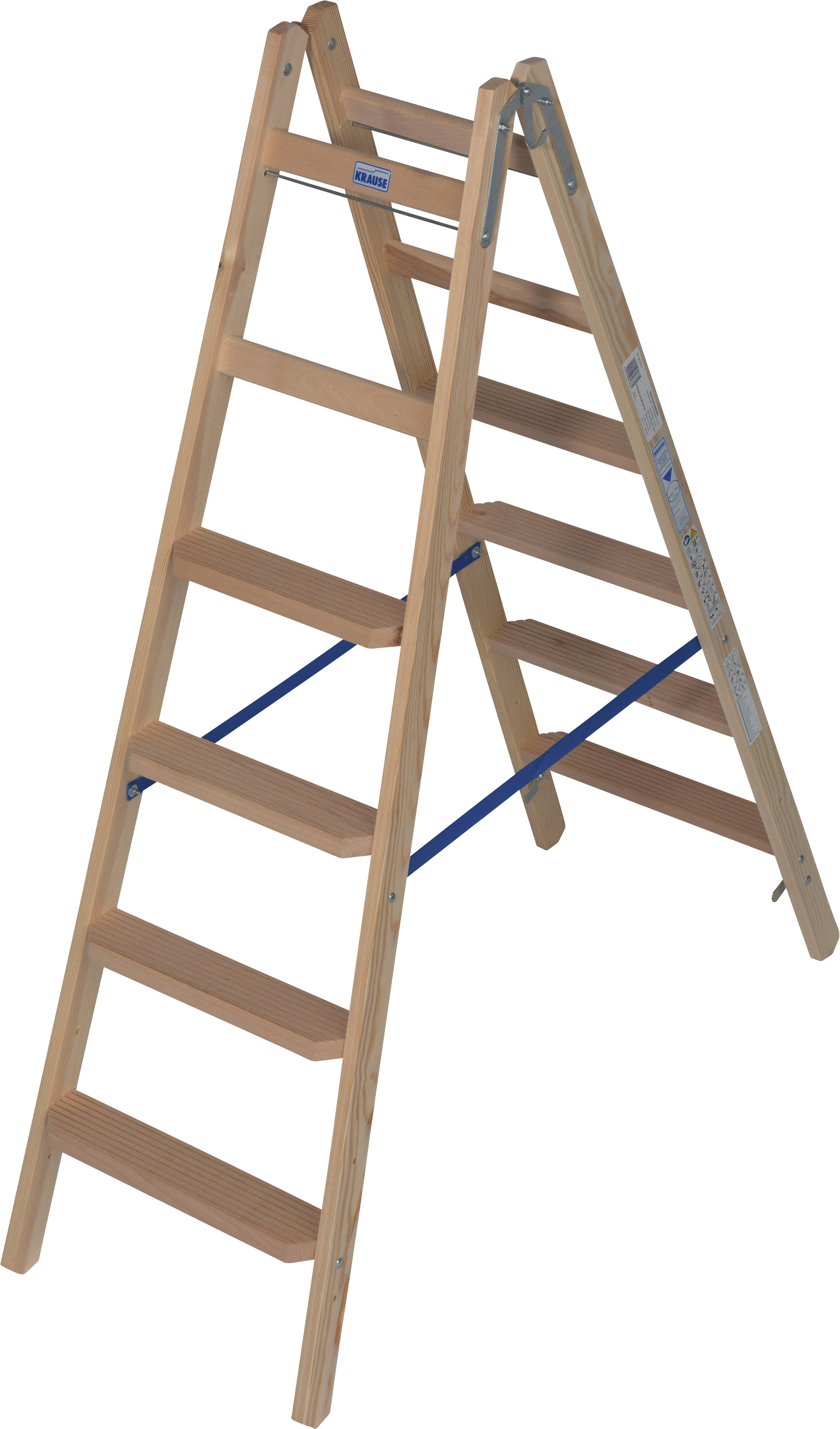 Drabina drewniana, ustawiona w kształcie litery A, z sześcioma stopniami. Odpowiednia do użytku wewnętrznego, z solidną niebieską podporą zapewniającą stabilność.