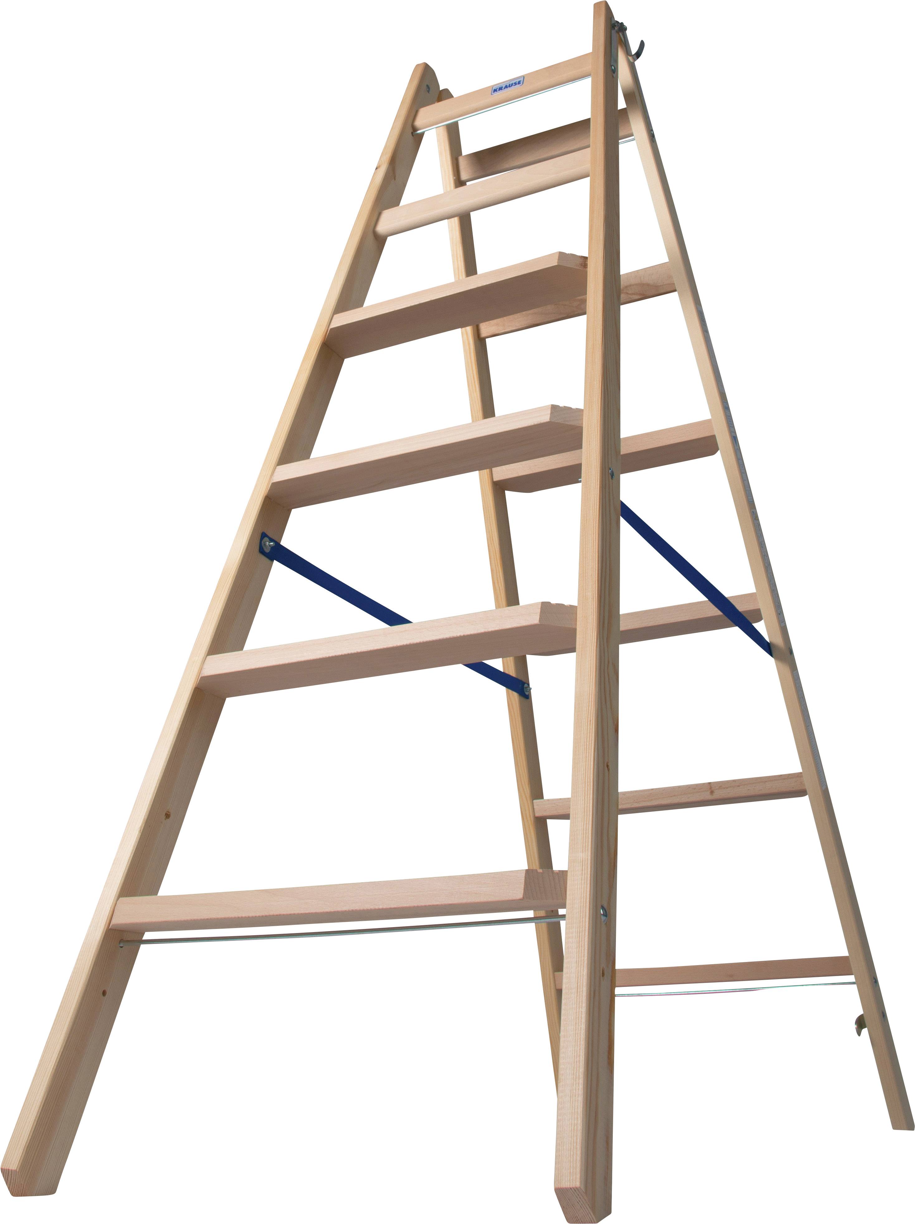 Wysoka drewniana drabina o siedmiu szczeblach, ustawiona do użycia. Stoi stabilnie na podłożu, gotowa do wspinania.