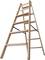 Wysoka drewniana drabina o siedmiu szczeblach, ustawiona do użycia. Stoi stabilnie na podłożu, gotowa do wspinania.