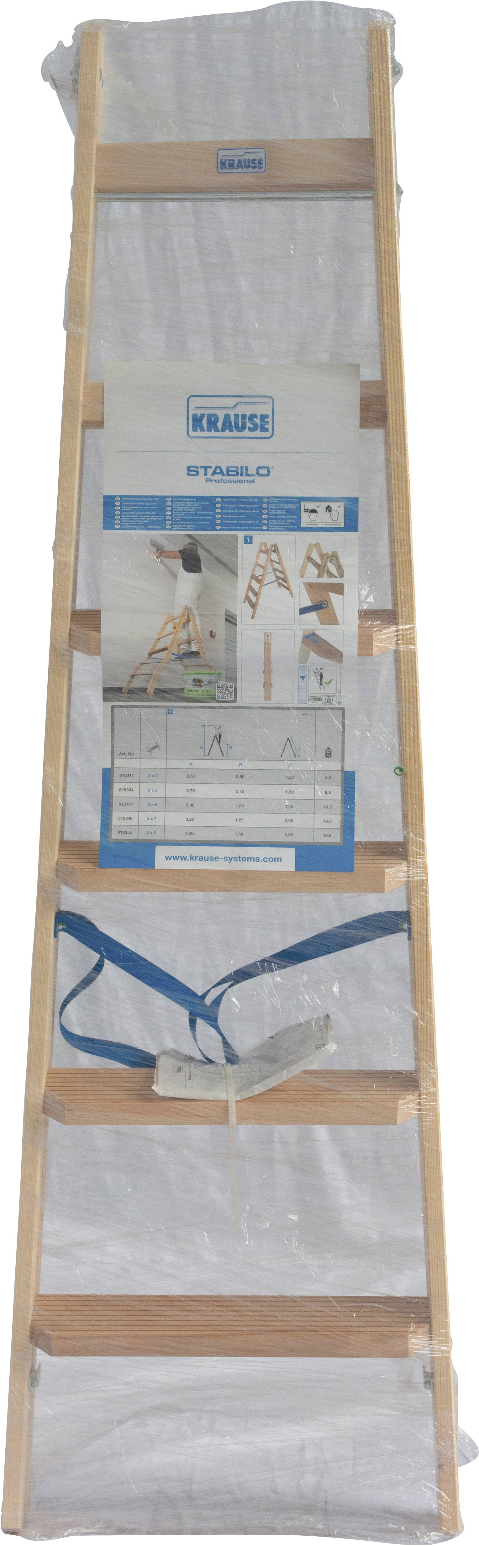 Opakowana drabina drewniana marki Krause z informacją o produkcie. Zawiera zdjęcia drabiny w użyciu oraz szczegóły techniczne na opakowaniu.