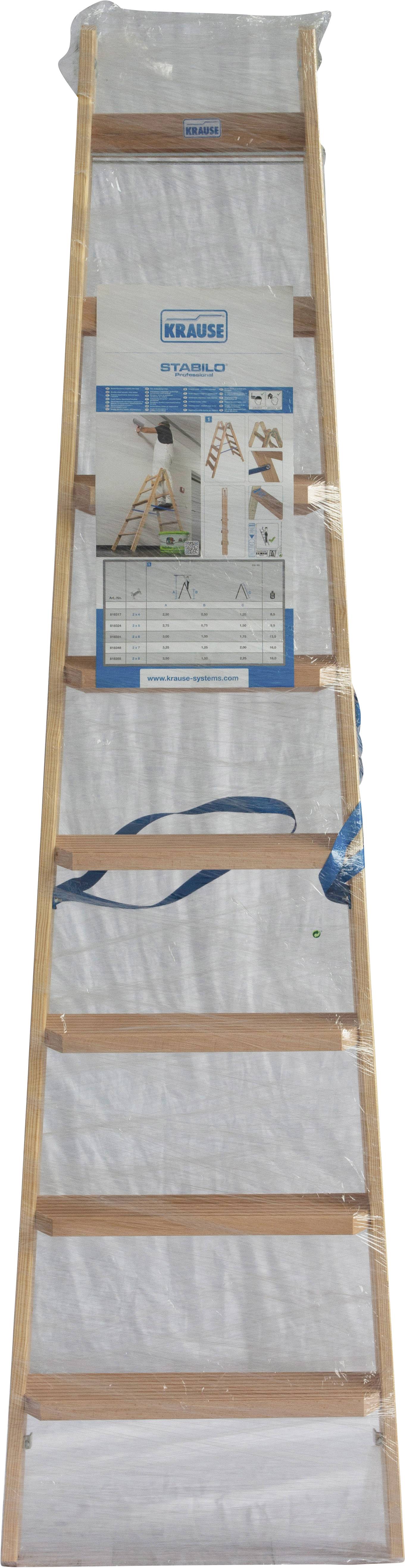 Drabina drewniana firmy KRAUSE, stojąca. Opakowanie prezentuje zdjęcie drabiny w użyciu. Odpowiednia do zastosowań w domu i rzemiośle.