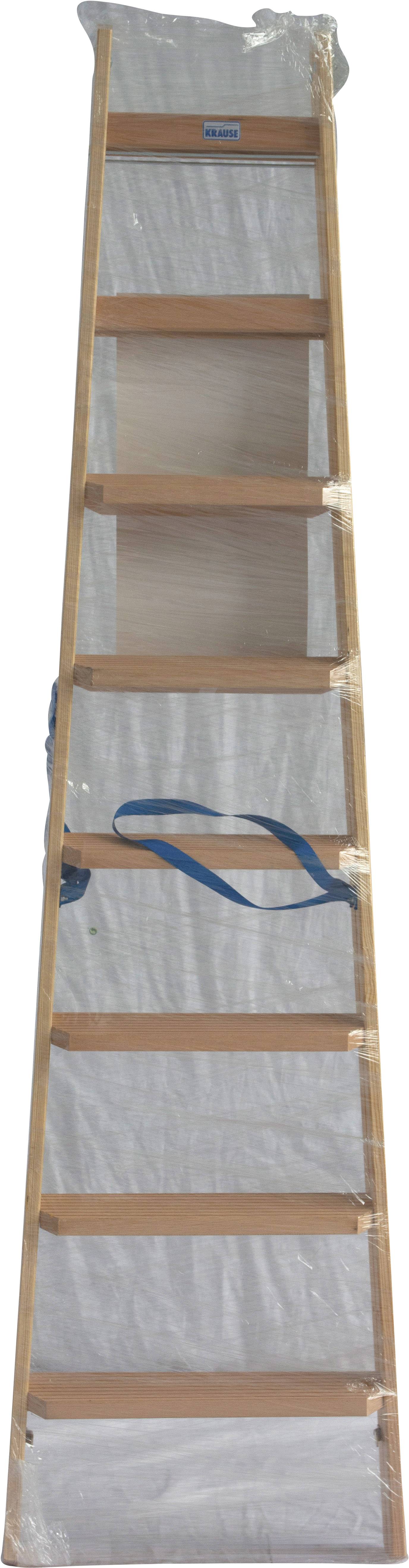 Drewniana drabina z wieloma szczeblami, nowo zapakowana w folię plastikową. Niebieski sznur jest przewiązany wokół drabiny.