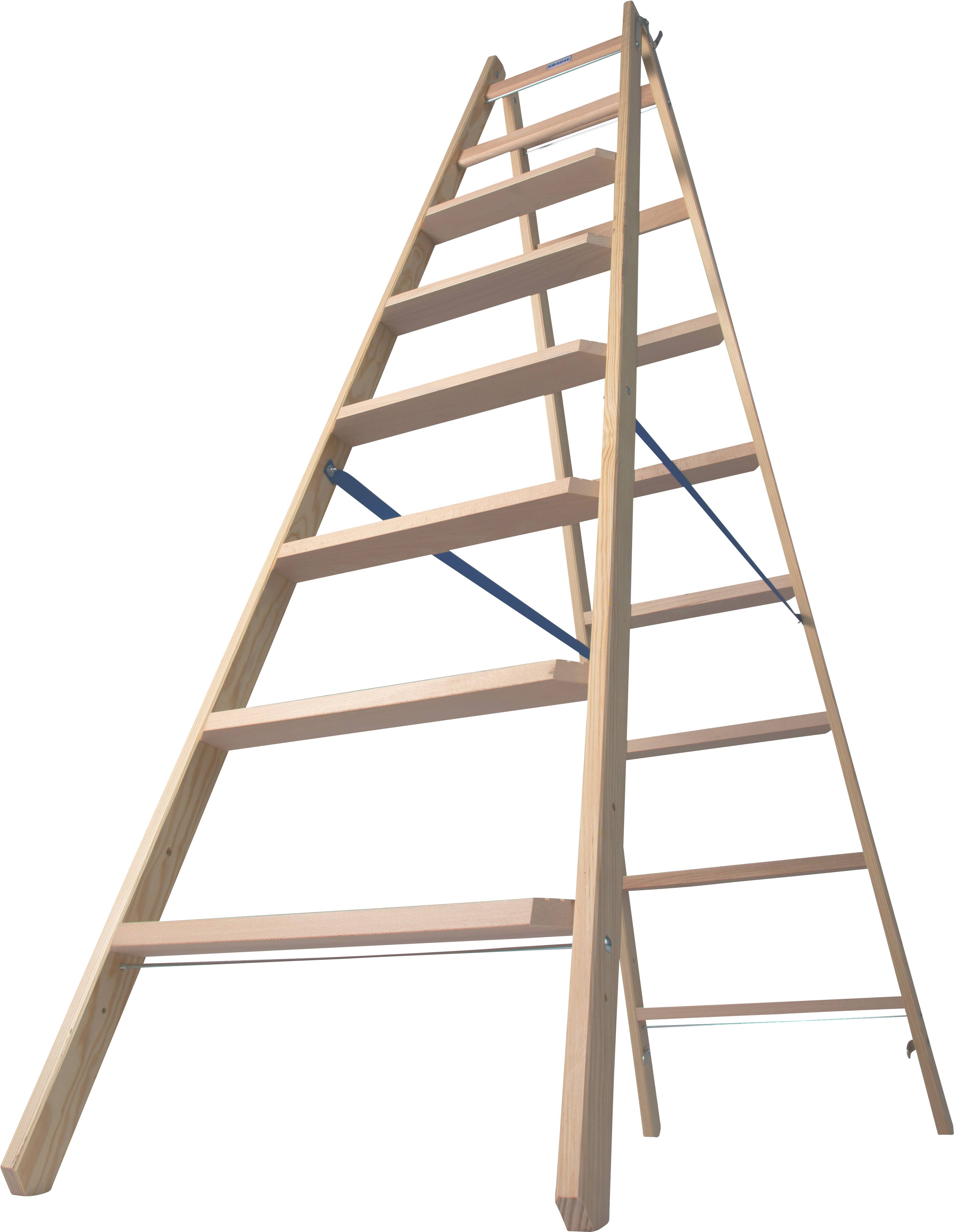 Drabina drewniana w kształcie litery A na białym tle, ukazująca szczeble i stabilizatory.
