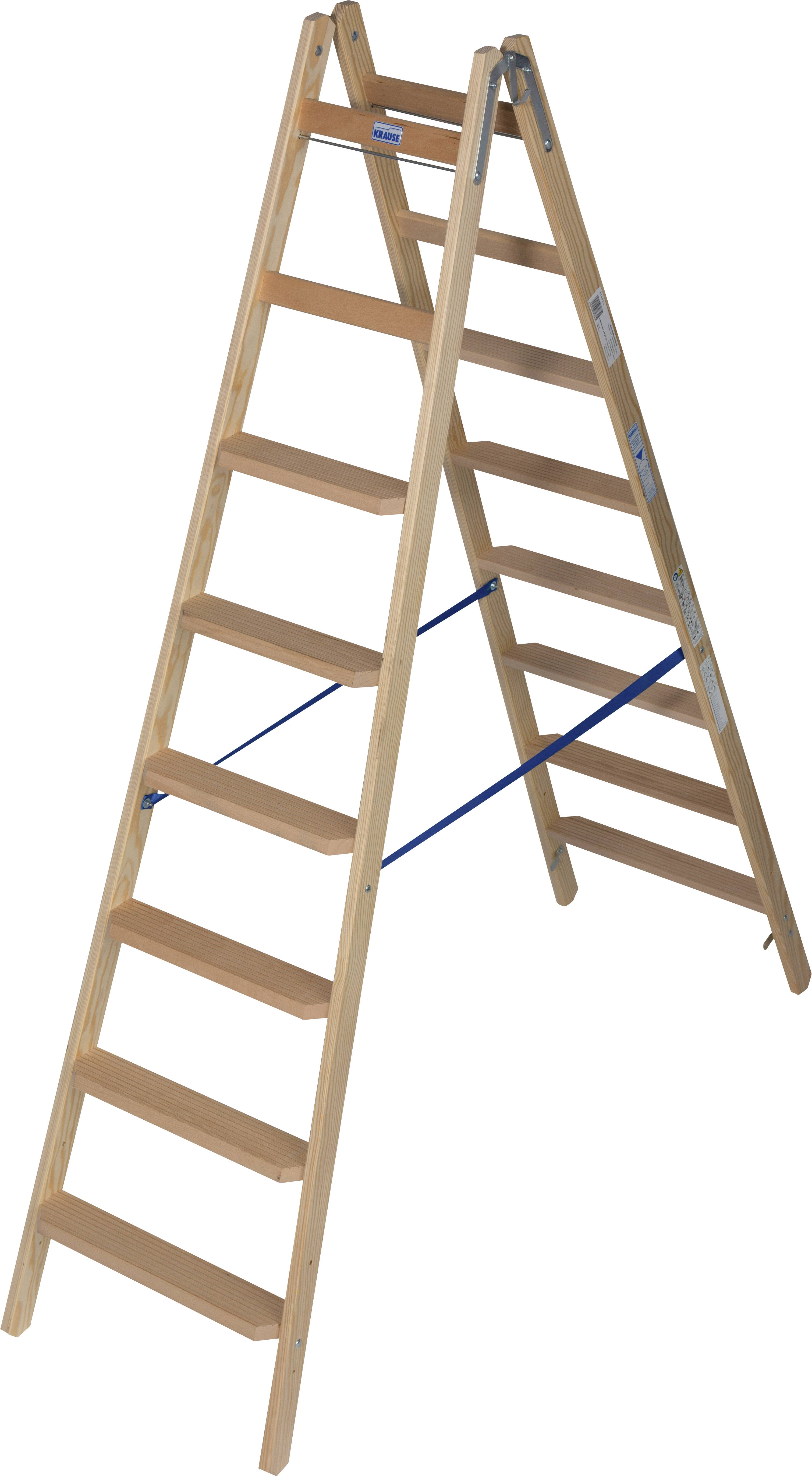 Drabina drewniana, wolnostojąca, ośmiostopniowa po każdej stronie, przeznaczona do prac na wysokości.