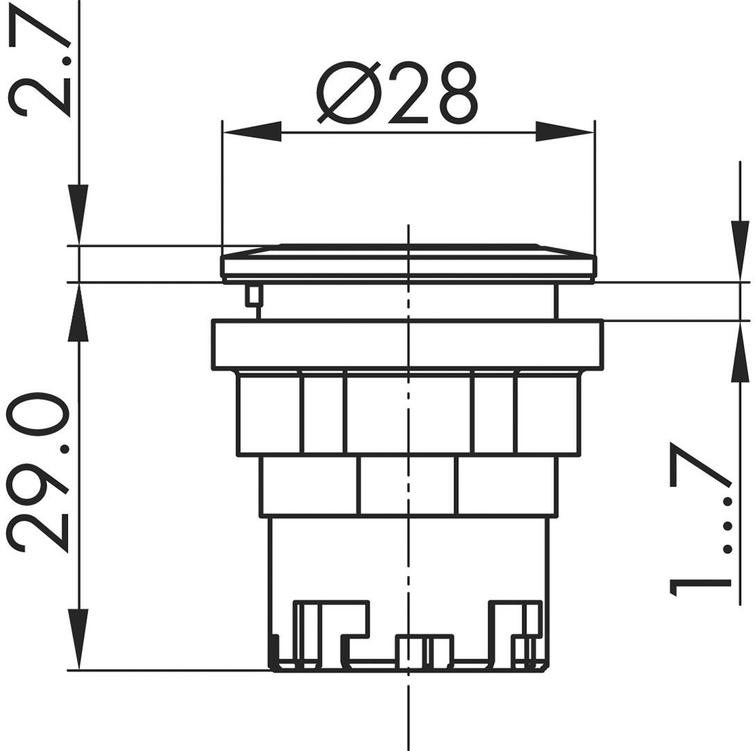 Rysunek techniczny okrągłego przycisku o średnicy 28 mm i całkowitej wysokości 29 mm, oznaczony wymiarami.