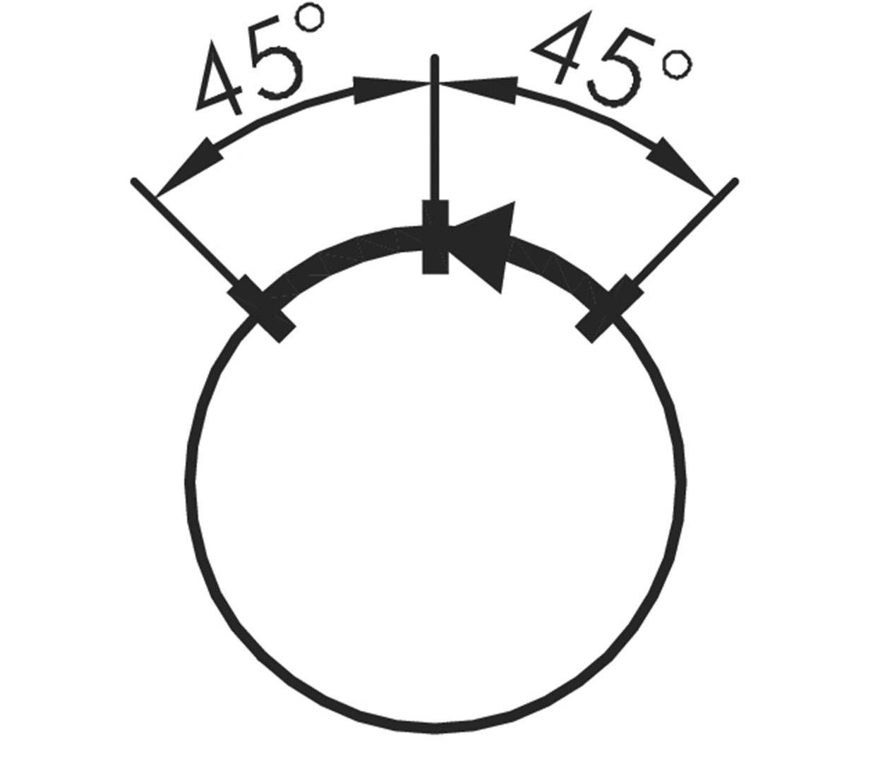 Koło z dwoma strzałkami, które rozchodzą się pod kątem 45° od centralnego punktu, wskazując łącznie kąt 90°.