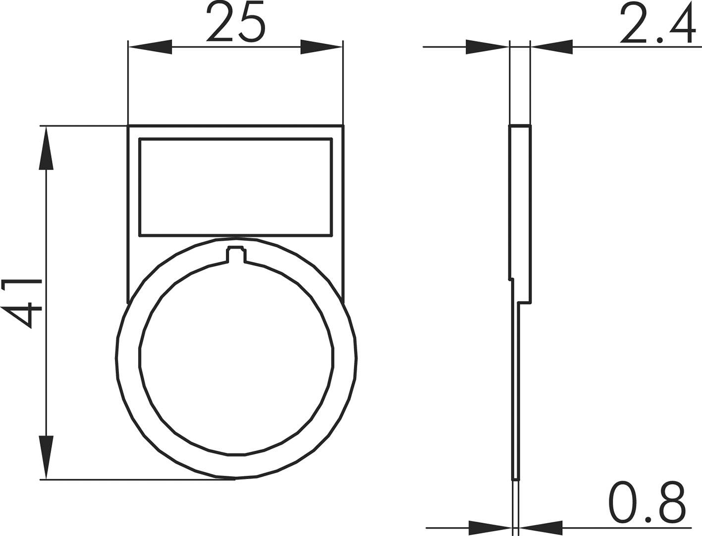 Rysunek techniczny pierścienia z kwadratową nakładką. Wymiary: szerokość 25 mm, wysokość 41 mm, głębokość 2,4 mm, grubość nakładki 0,8 mm.