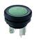 Zielony, okrągły przycisk wciskany z czarną obwódką i metalowymi stykami, widziany z boku. Odpowiedni do urządzeń elektronicznych.