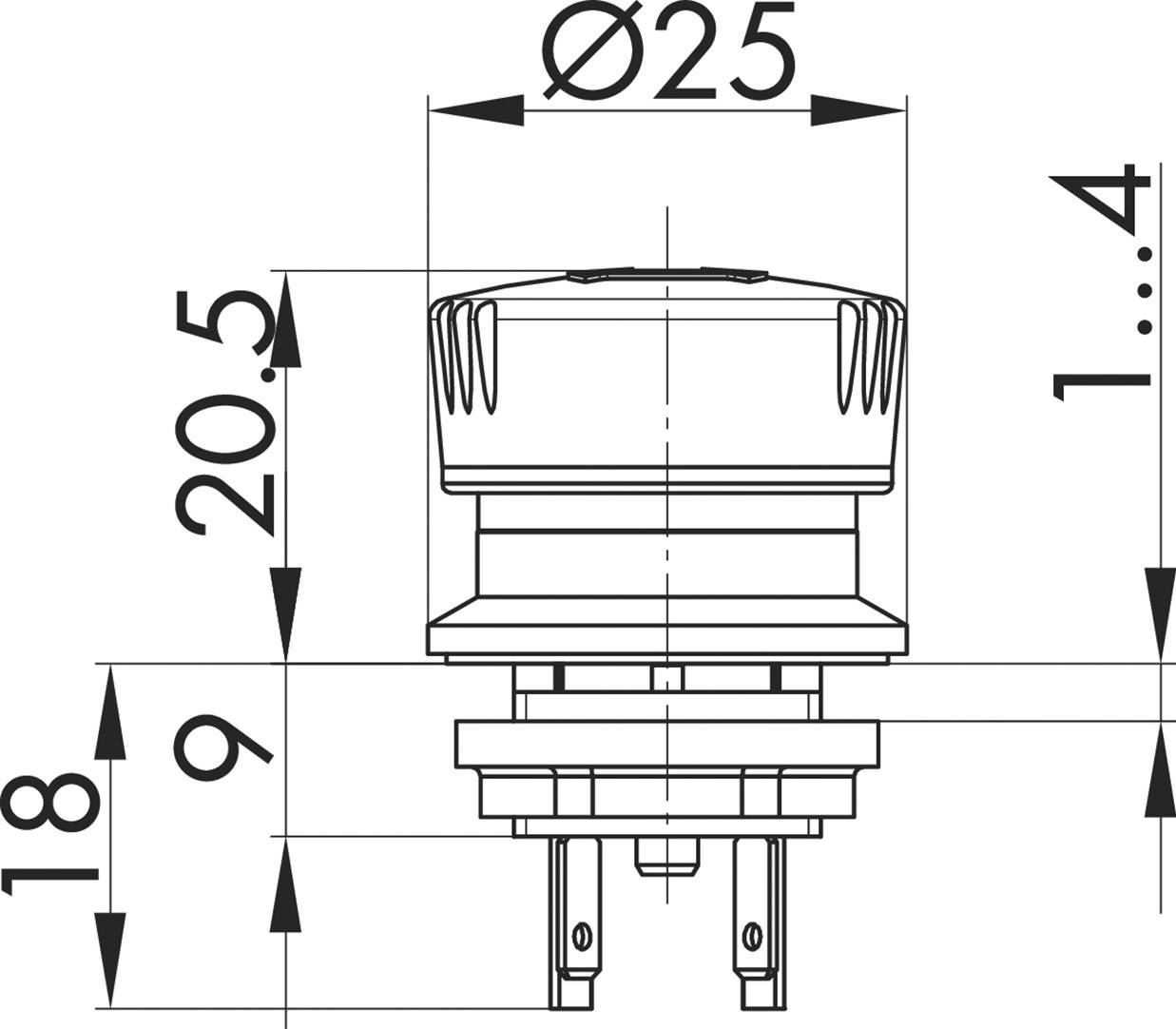 Rysunek techniczny okrągłego przełącznika o następujących wymiarach: średnica 25 mm, całkowita wysokość 20,5 mm, głębokość montażu 18 mm.