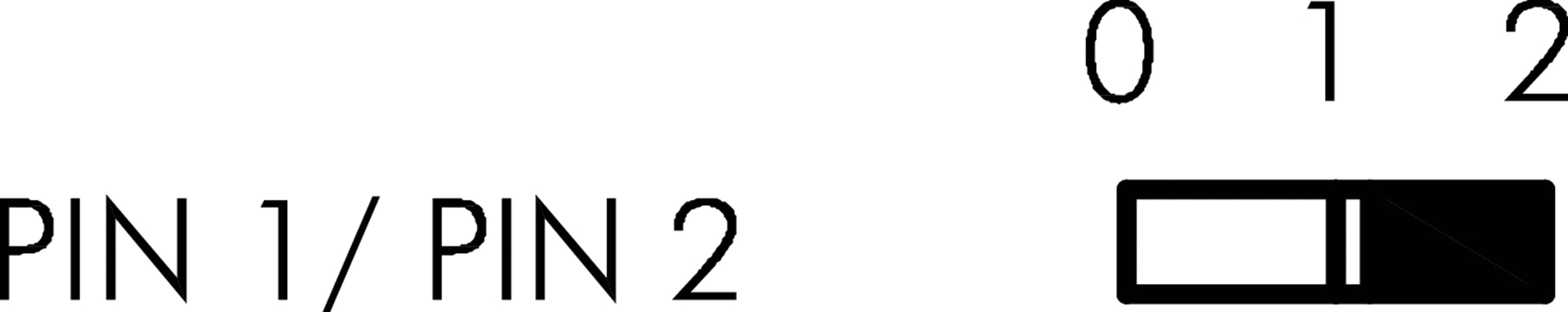 Reprezentacja przełącznika 'PIN 1/PIN 2' z trzema pozycjami: 0, 1 i 2. Przełącznik jest ustawiony na pozycji 1.