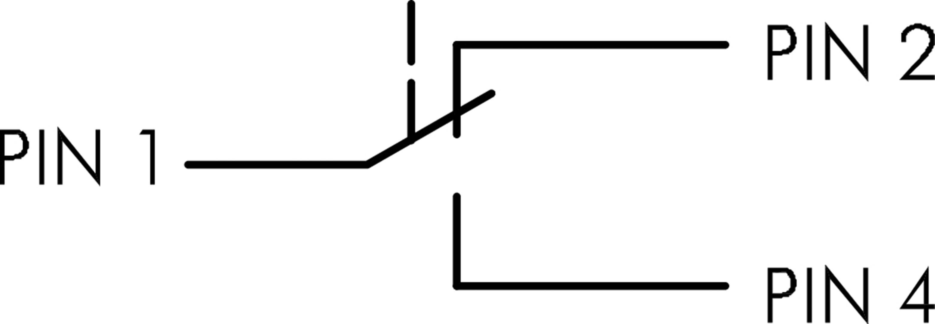 'PIN 1' połączony z 'PIN 2'. 'PIN 1' przełącza między 'PIN 2' a 'PIN 4'. Diagram przedstawia przełącznik z trzema punktami przyłączeniowymi.