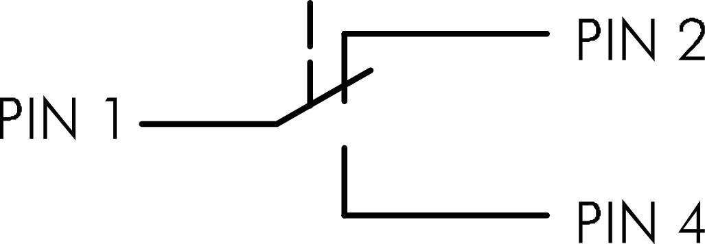 Jednobiegunowy przełącznik połączony z pinem 1 do pinu 2 i pinu 4. Symbol schematu elektrycznego przedstawia przełączanie między dwoma złączami.