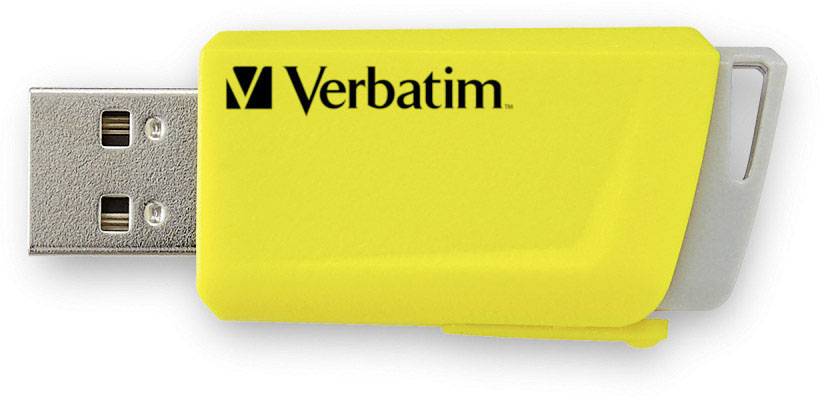 Żółty pendrive z nadrukiem 'Verbatim'.