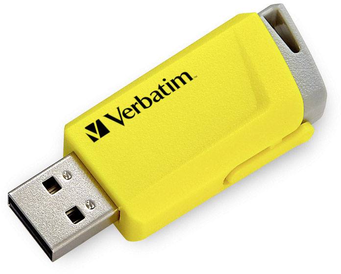 Żółty pendrive marki Verbatim.