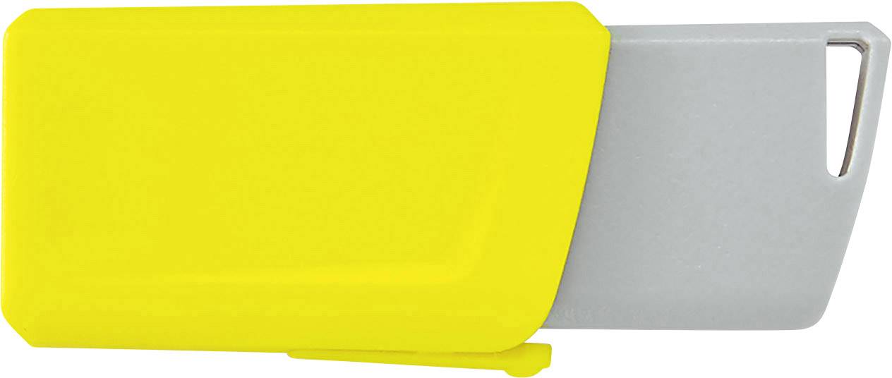 Żółto-szary pendrive z przesuwną pokrywką.